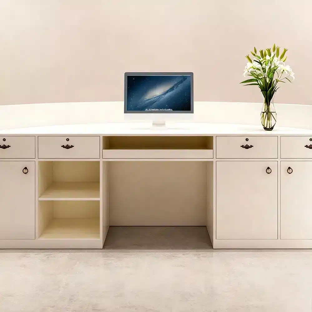 Minimalist Lacquer Reception Desk - Curved Salon & Boutique Counter Minimalist Lacquer Reception Desk - Curved Salon & Boutique Counter