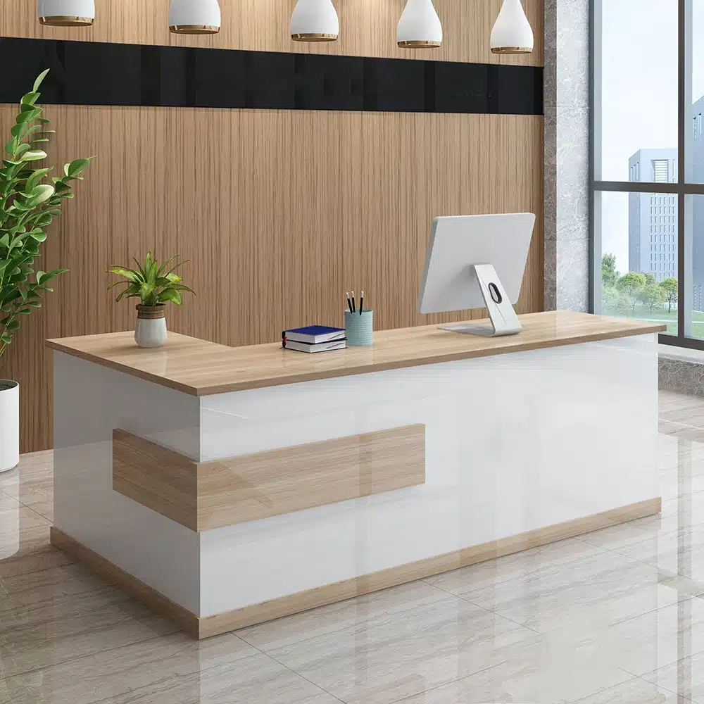 Modern Minimalist Reception Desk - White & Maple Modern Minimalist Reception Desk - White & Maple